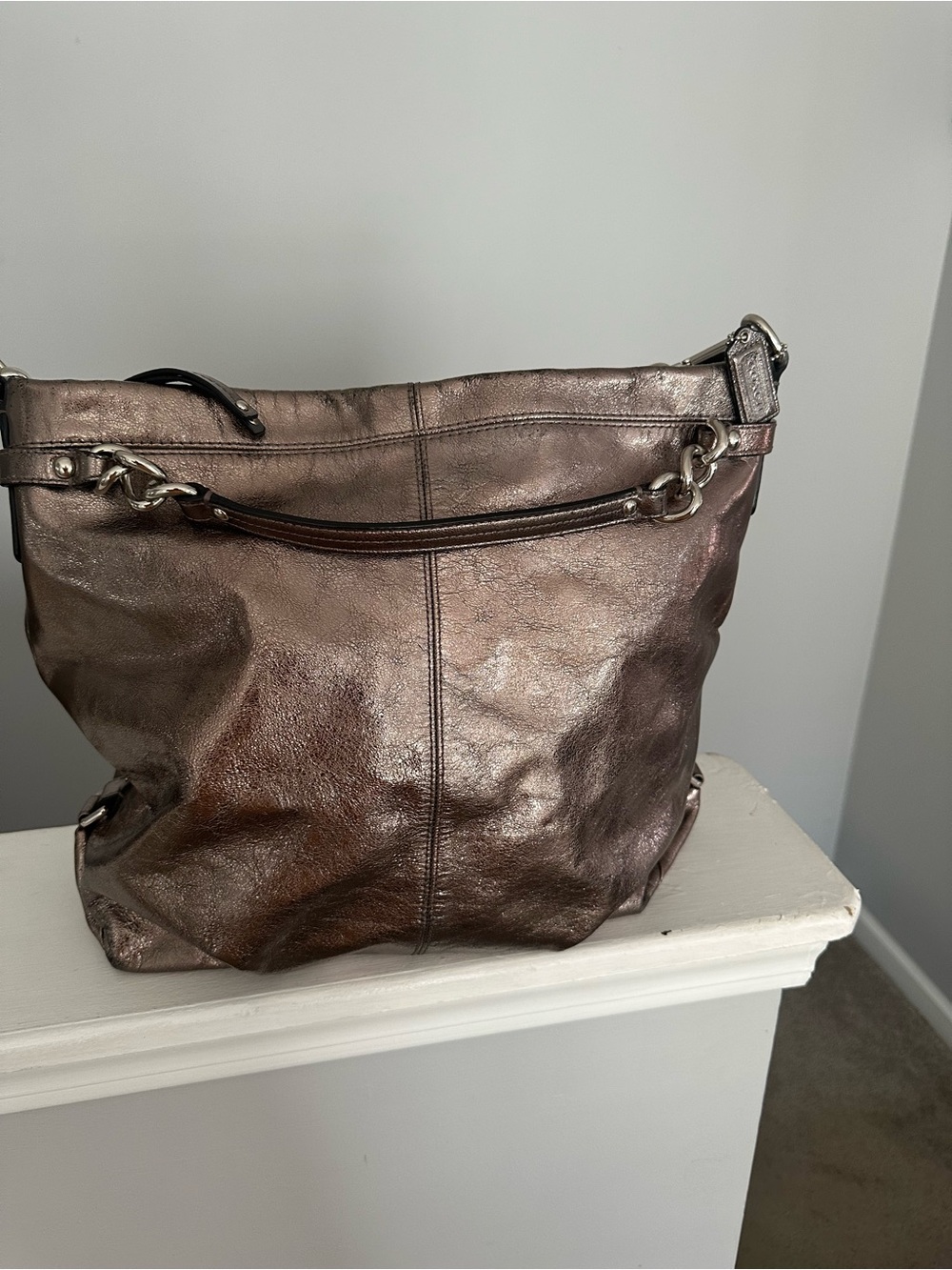 COACH Brooke Handbag Leather Pewter Metallic Silver Hobo Shoulder Bag